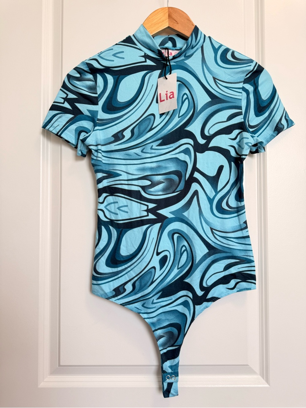 Lia Abstract Swirl Blue Short-Sleeve Bodysuit